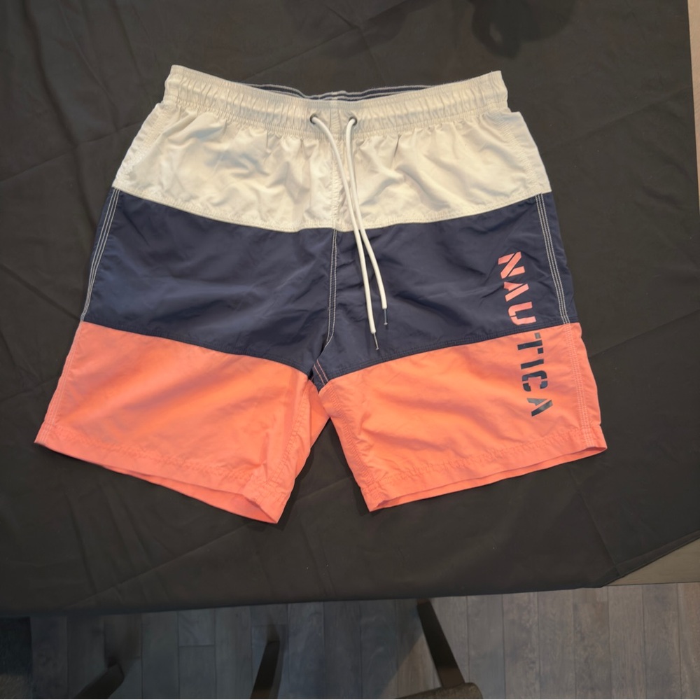 Nautica Men’s L Swim Trunks Coral/Navy/White – Tricolor Block Shorts – 7” Inseam